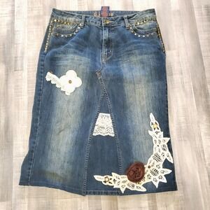 D.Jeans Skirt Womens 12 Recycled Denim Beaded buttons Lace Y2K Bohemian